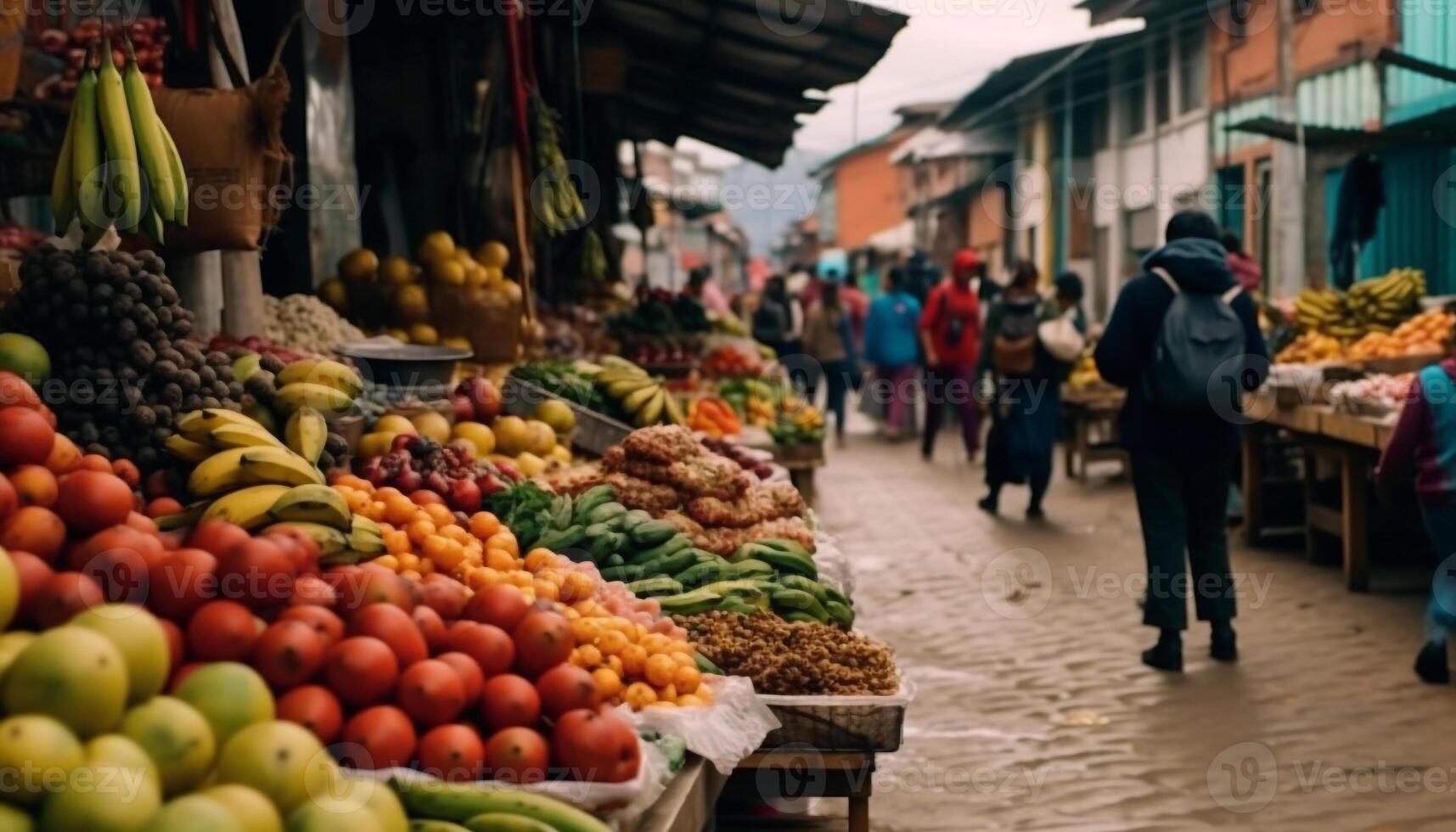 Fresh fruits and vegetables sold at a bustling street market generated by AI photo