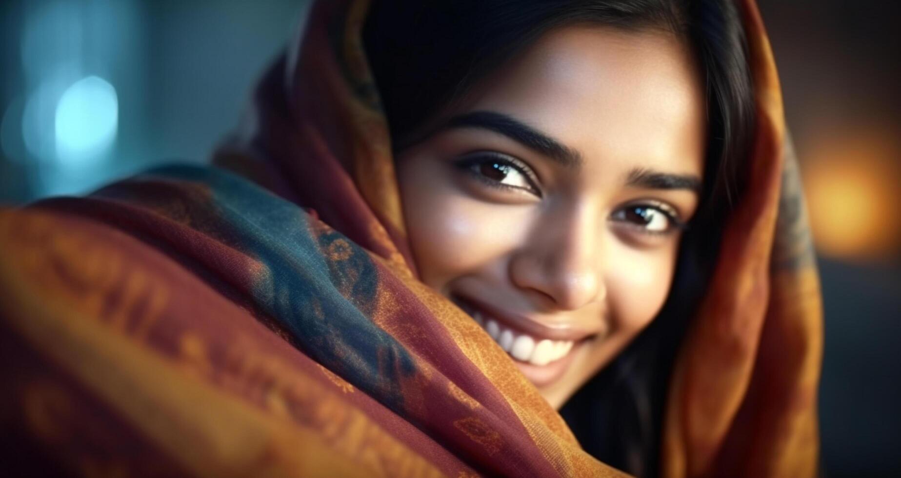 A young woman, smiling, looking at camera, exuding confidence and beauty generated by AI photo