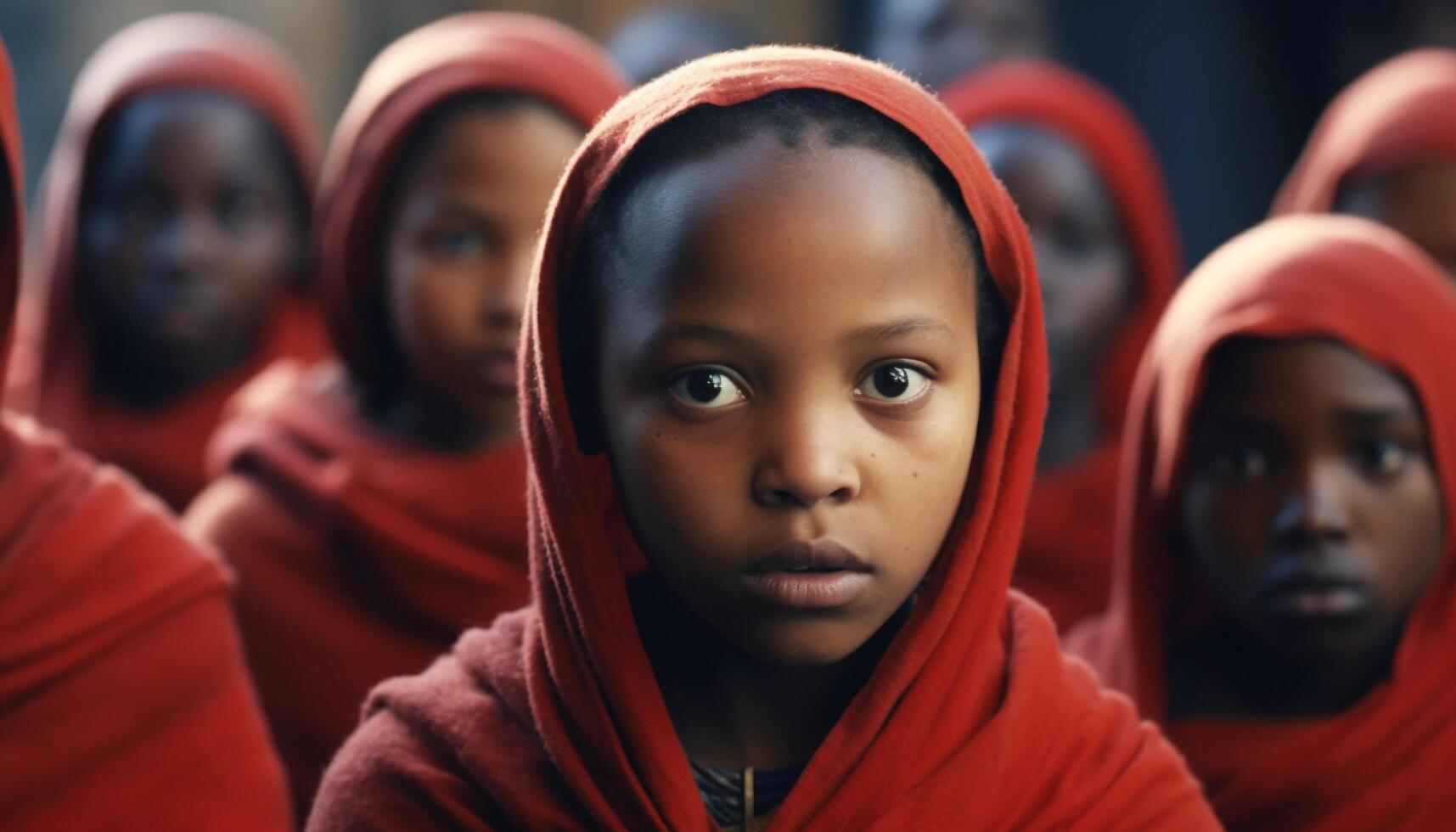 Smiling children in a row, embracing their African culture happily generated by AI photo