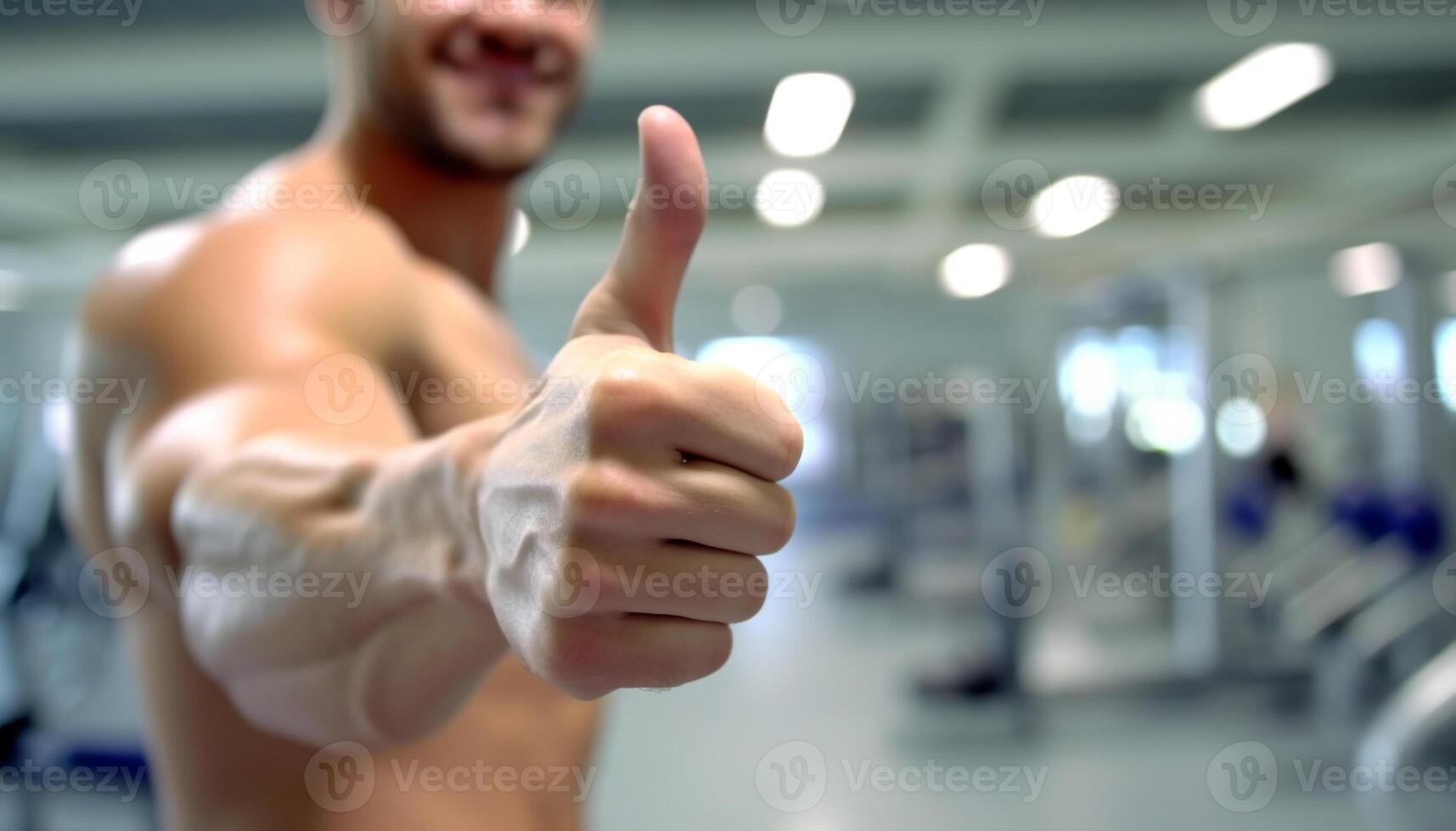 Muscular athlete in gym, showing determination and thumbs up generated by AI photo