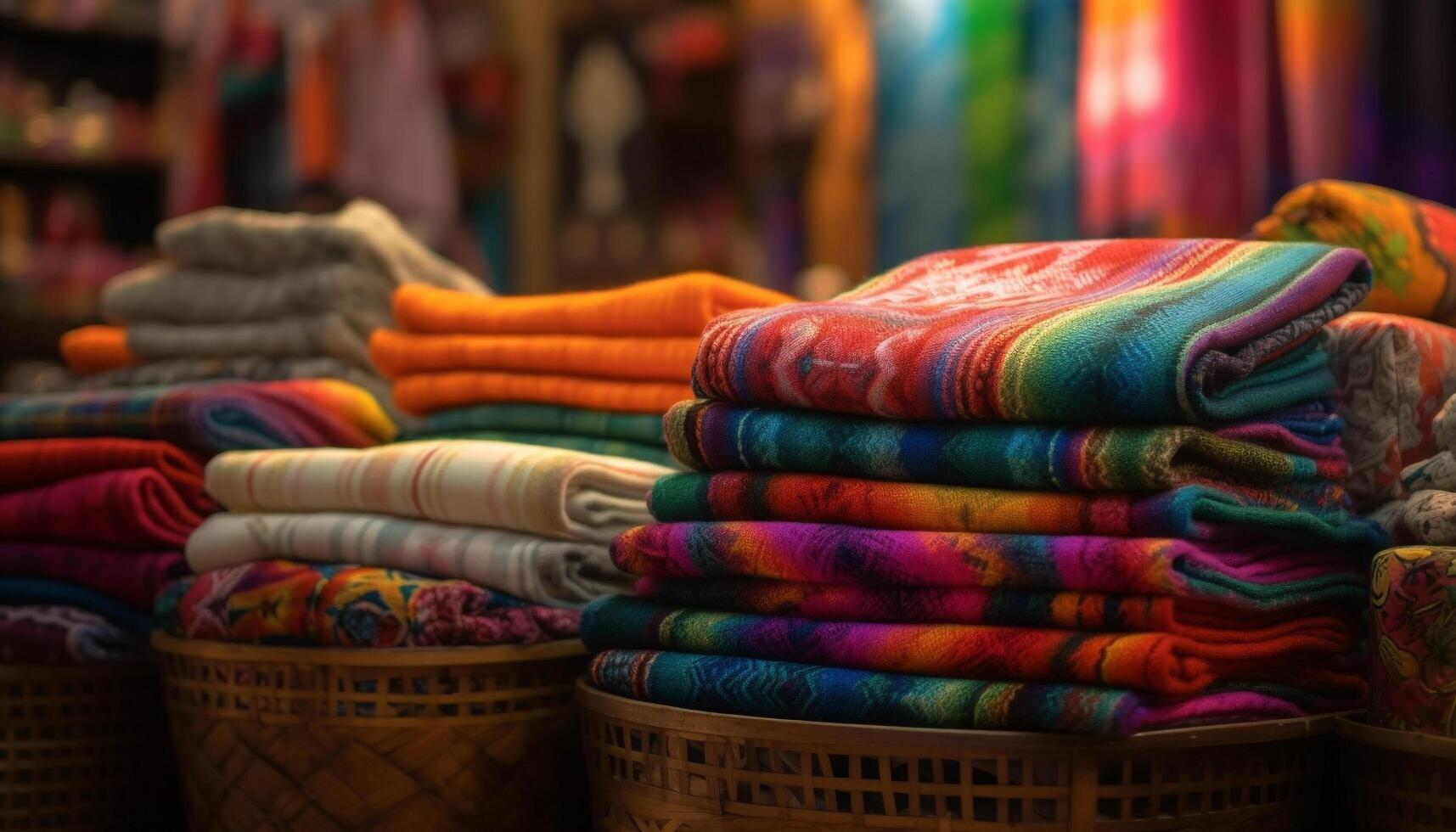 Multi colored textiles in a store, showcasing the vibrant fashion industry generated by AI photo