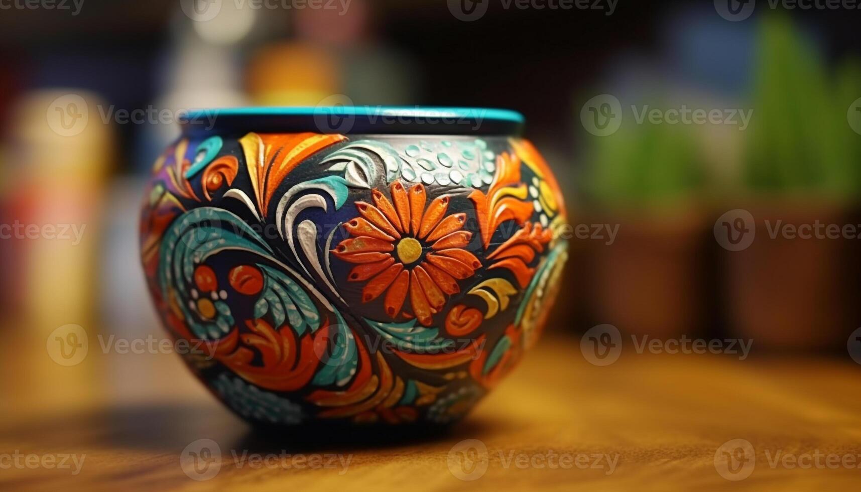 Pottery decoration, craft vase with pattern, cultures clay souvenir earthenware generated by AI photo