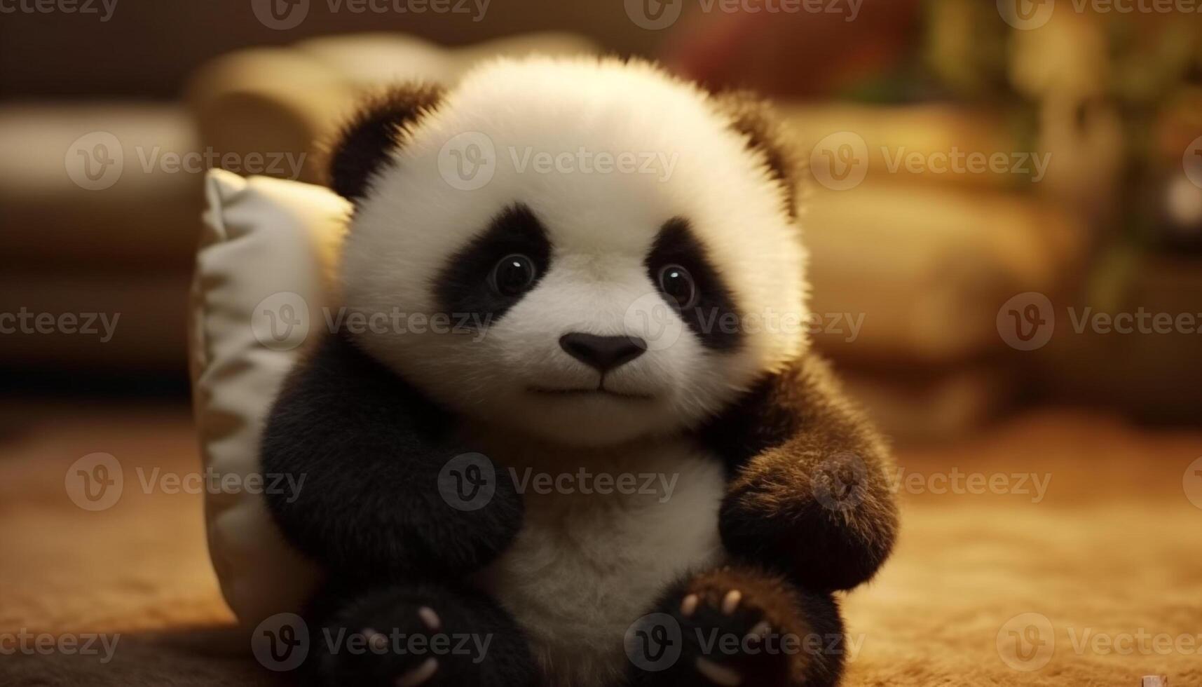 linda pequeño panda sesión, mirando a cámara, juguetón y mullido generado por ai foto