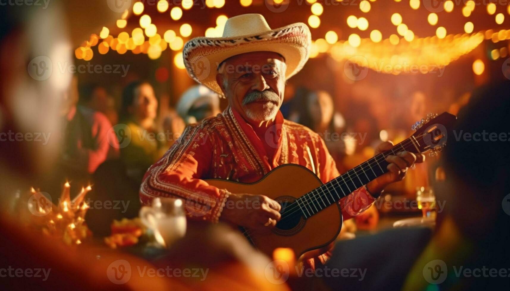 hombres jugando guitarra, celebrando tradicional festival, sonriente en etapa generado por ai foto