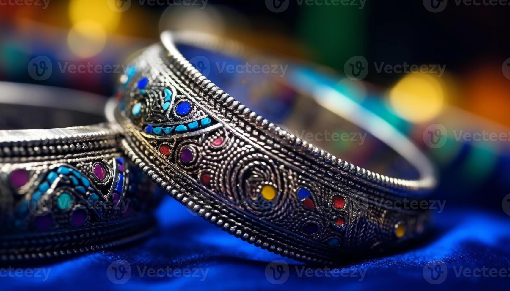Shiny silver bracelet with intricate embroidery, a precious gem accessory generated by AI photo