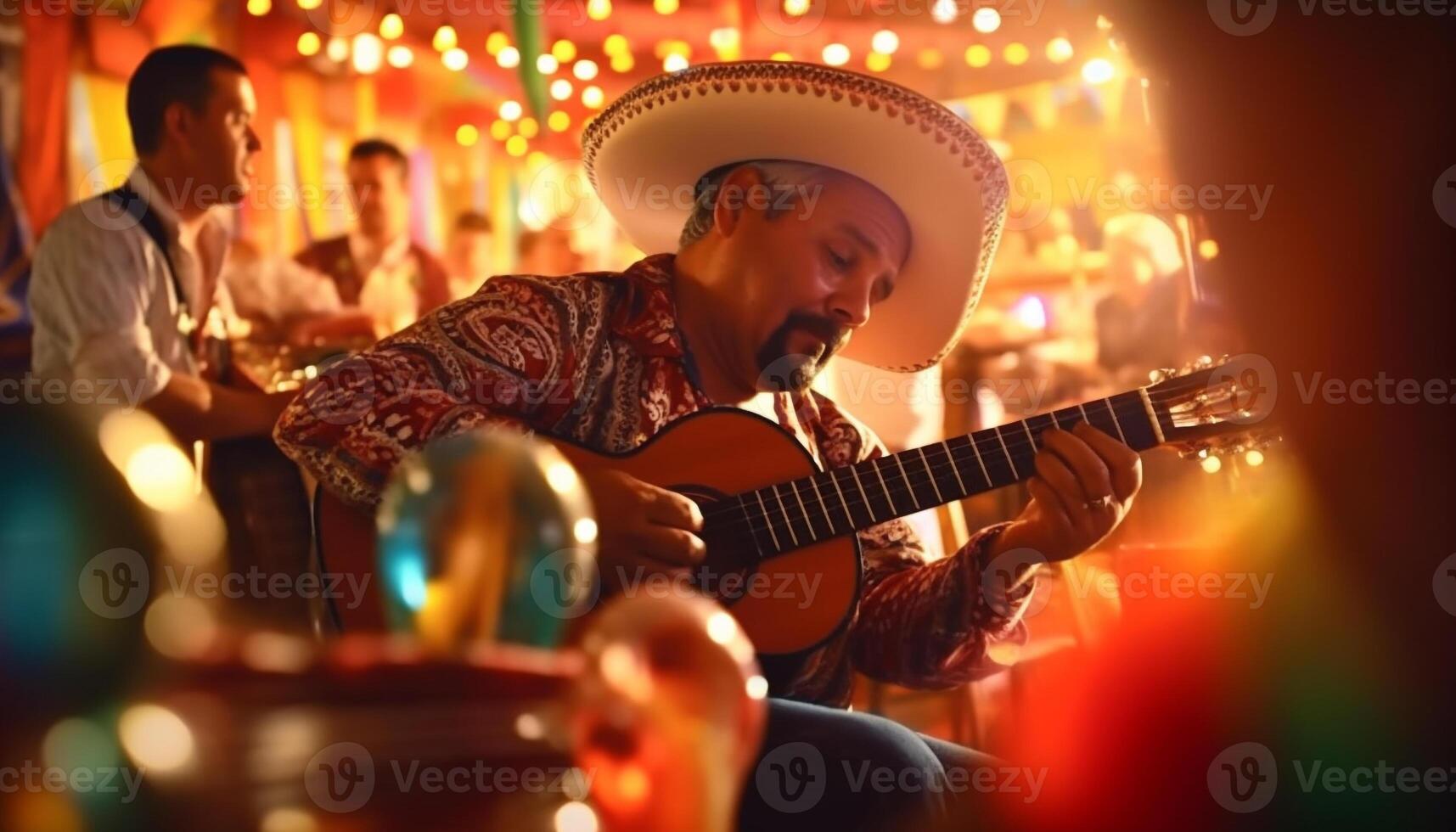 A group of musicians playing guitars on a stage at night generated by AI photo