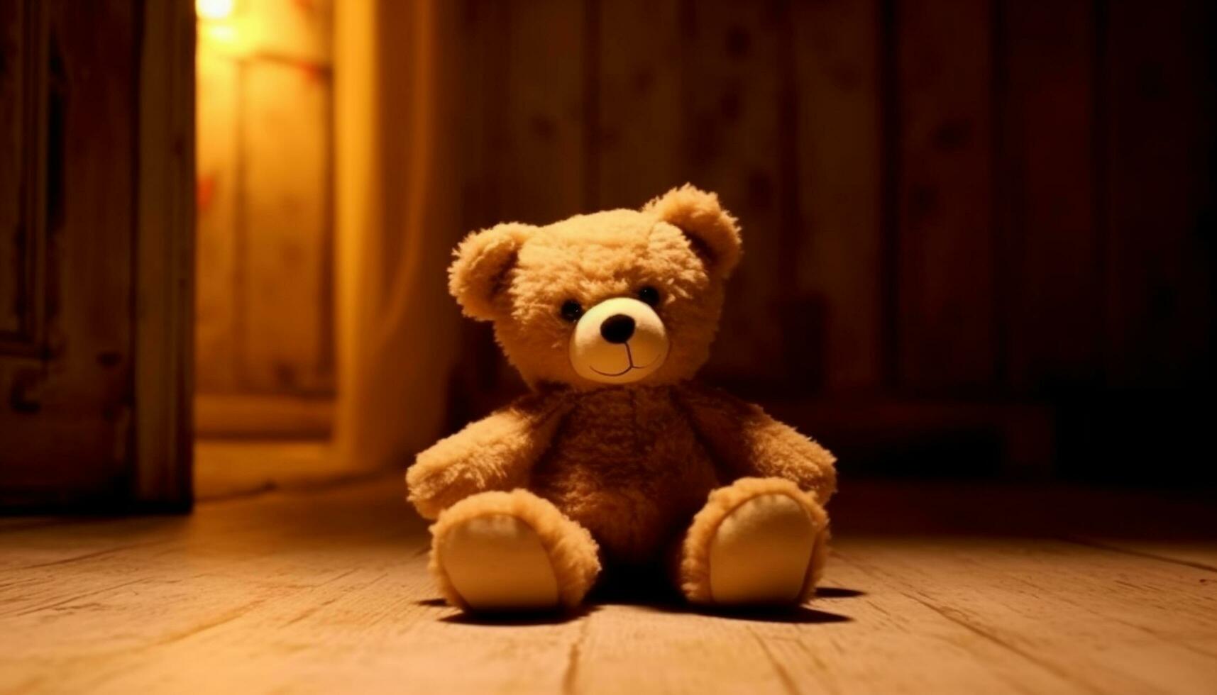 linda osito de peluche oso sentado en de madera piso, un infancia regalo generado por ai foto