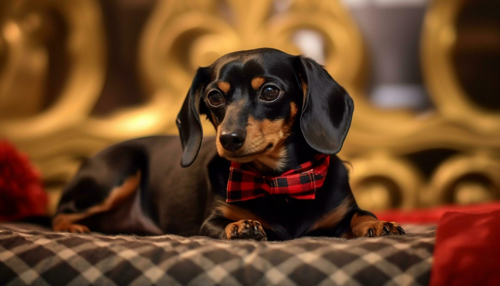 Cute puppy sitting on bed, looking at camera with elegance generated by AI photo