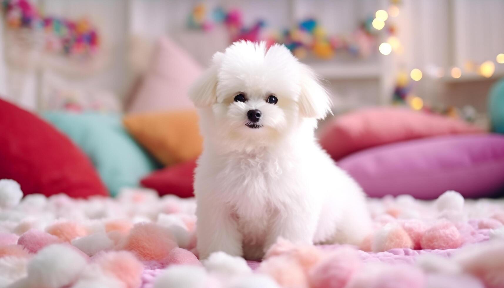 A cute small puppy sitting on a lap, looking adorable generated by AI photo