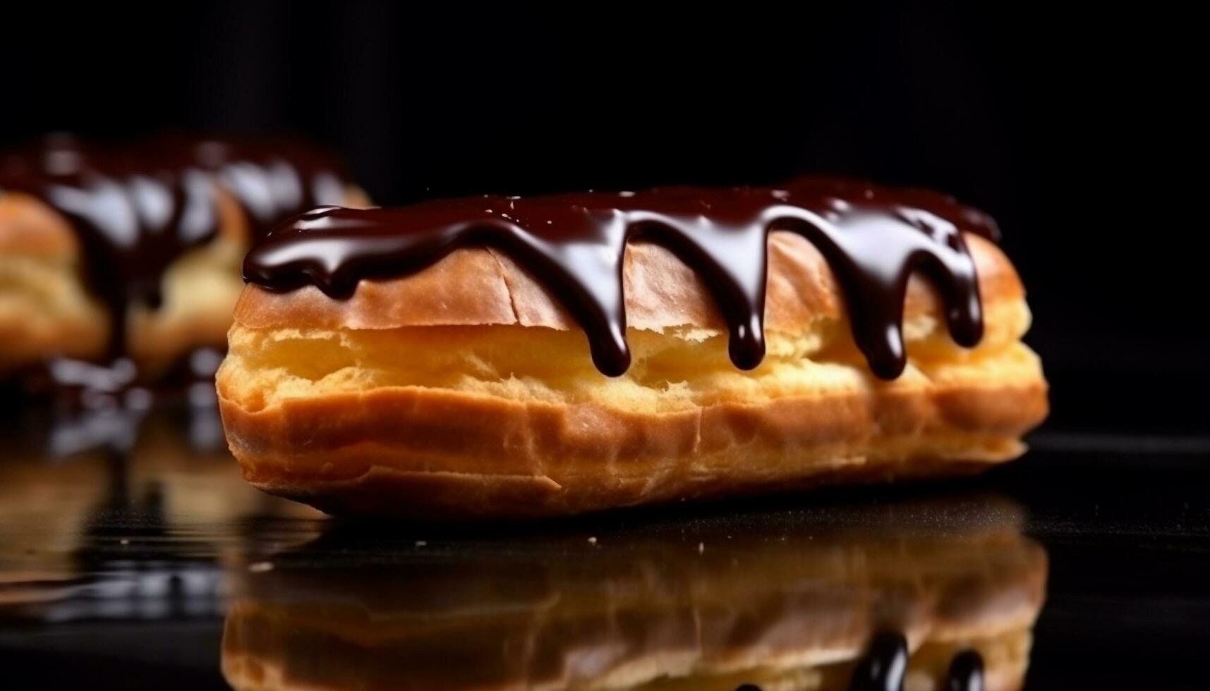 Freshly baked chocolate eclair with creamy vanilla custard and chocolate icing generated by AI photo