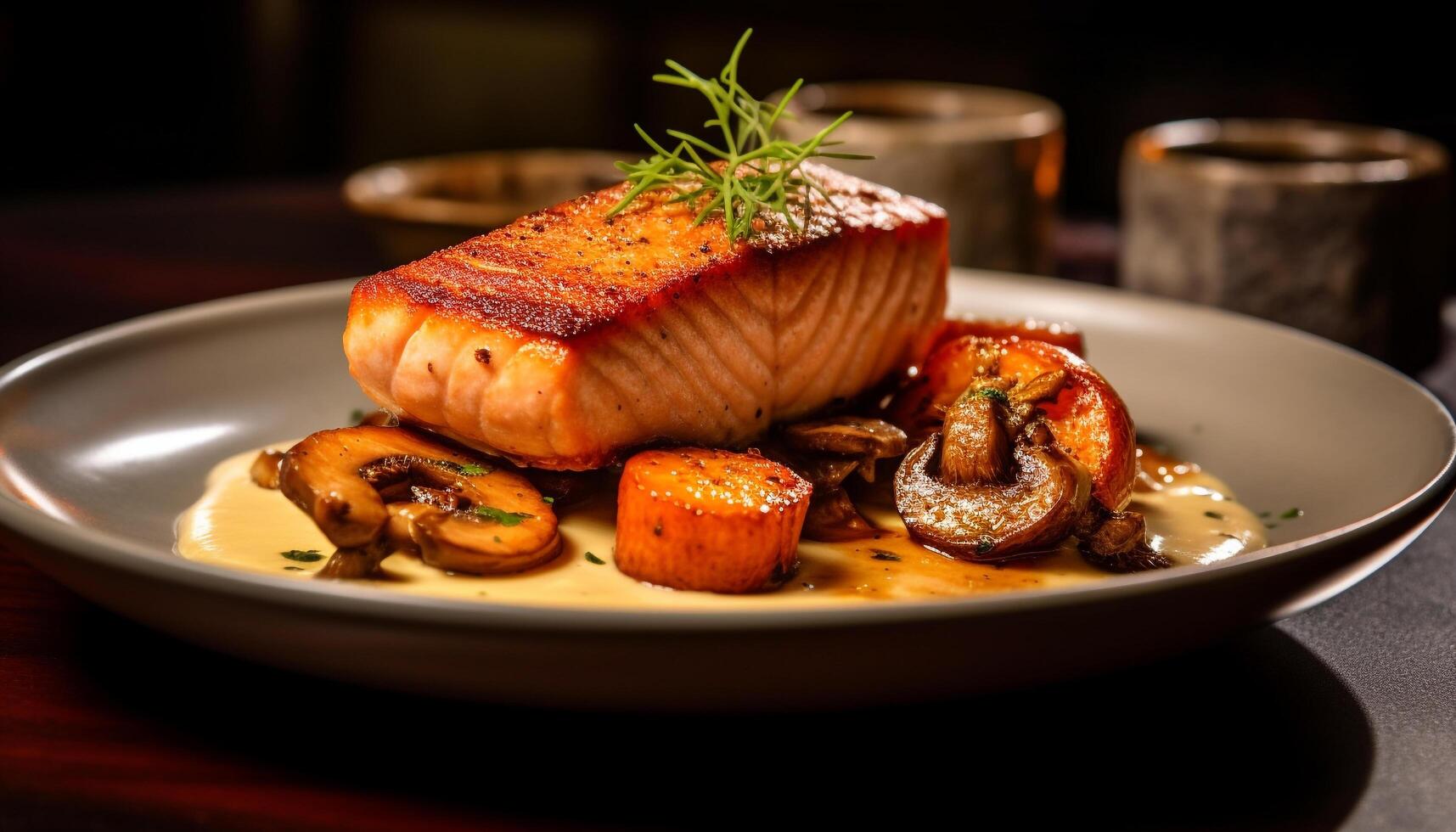 Grilled seafood fillet on a plate, close up of cooked meat generated by AI photo