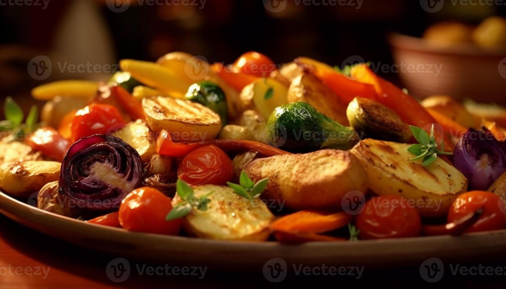 Fresh, healthy vegetarian salad on a wooden plate with grilled vegetables generated by AI photo