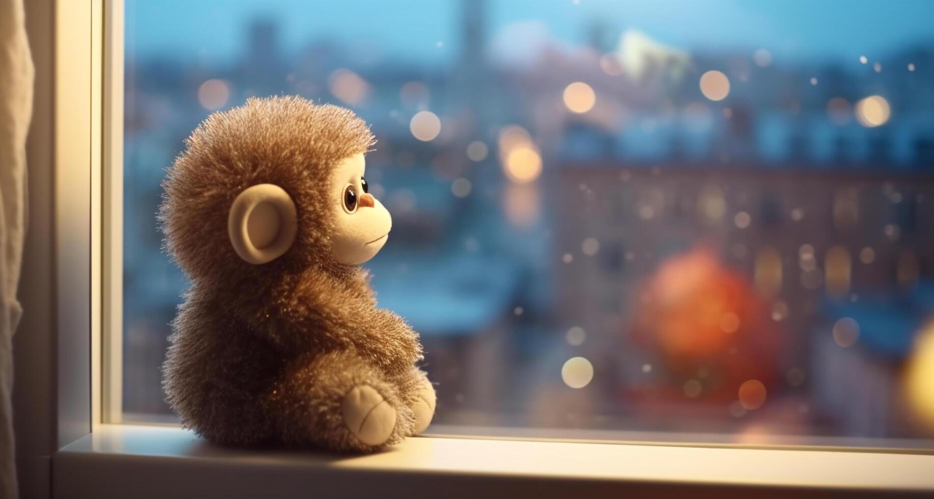 Cute teddy bear looking out window, winter night, snow background generated by AI photo