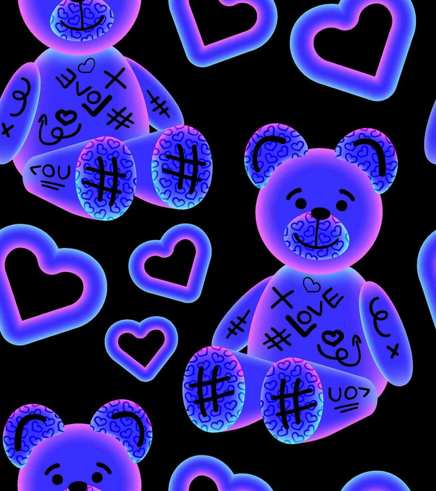 Noen pattern with teddy bear and hearts. Vector seamless background in 90s style.