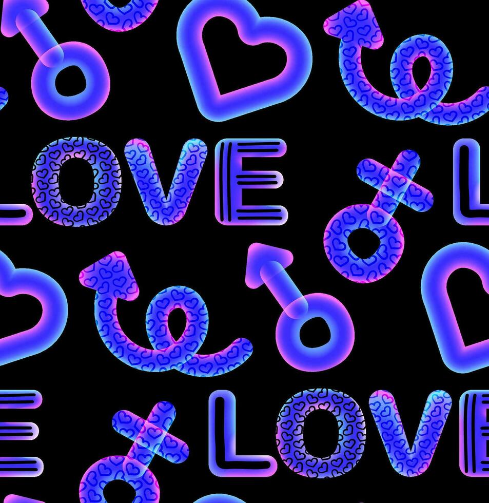 Noen pattern with doodles, gender symbols and love text. Vector seamless background in 90s style. Valentine's Day concept.