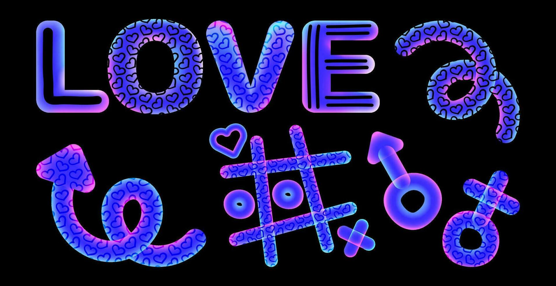 Set of doodle elements in neon color with gradient. Game tic-tac-toe, arrow, gender signs, love. Vector illustration.