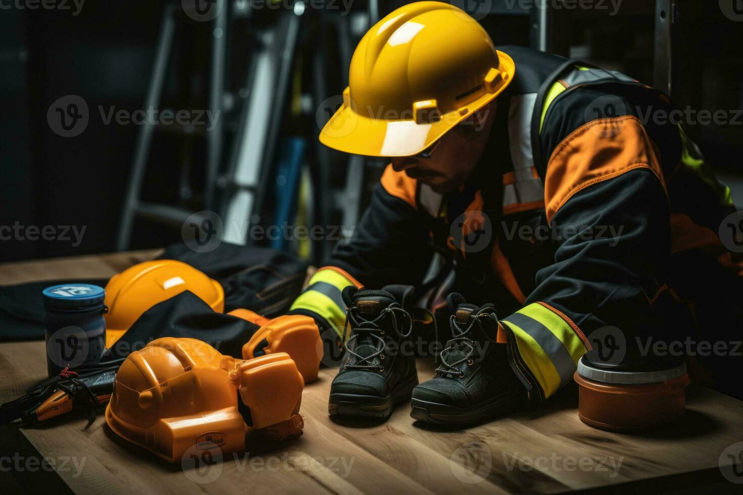 Hardhat and safety belt on wood table in construction site background. Generative AI photo