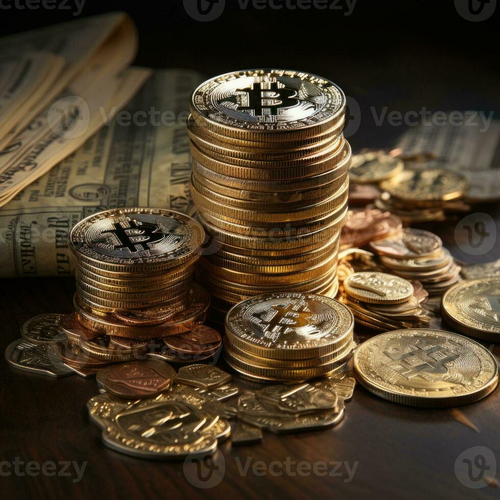 A photo of Bitcoins on a wooden table, close up. Cryptocurrency concept Generative AI