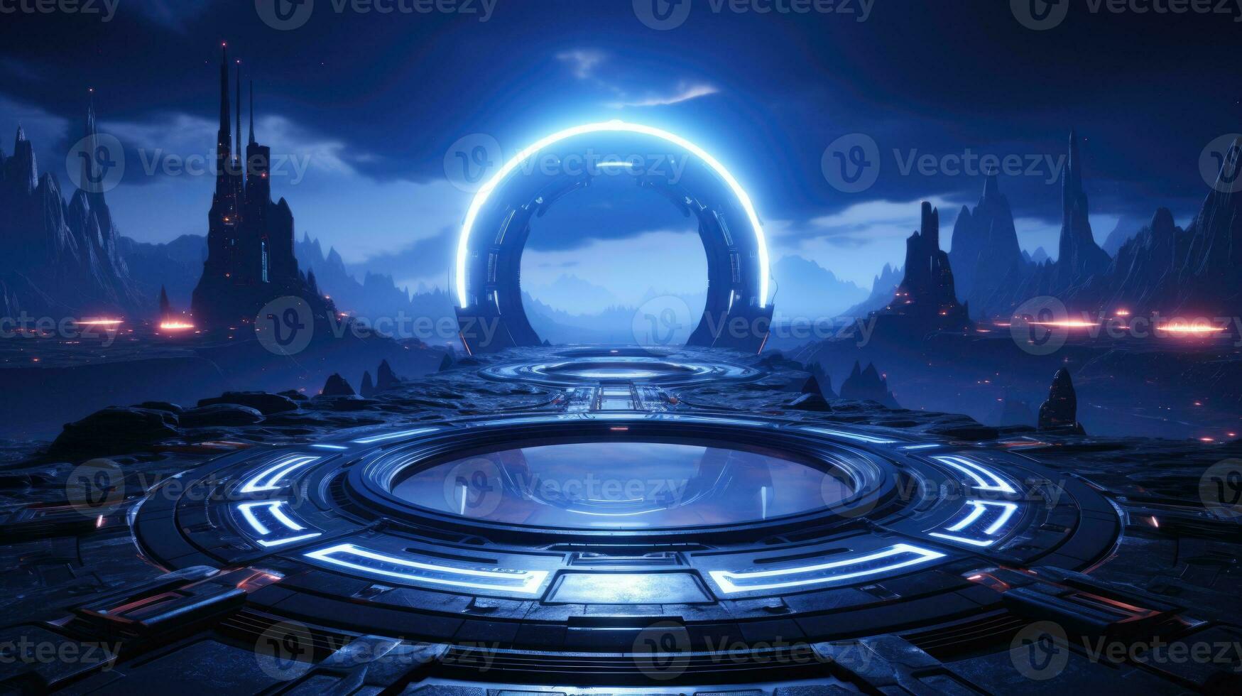 Closeup 3D rendering of futuristic sci fi room scifi background with glowing lights Generative AI photo