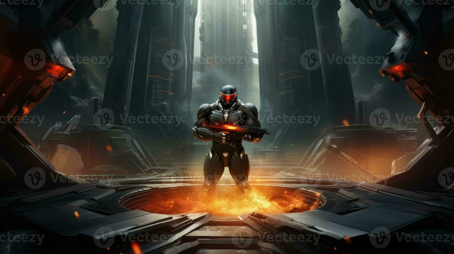 An army soldier on the sci fi room with fire flame Generative AI photo