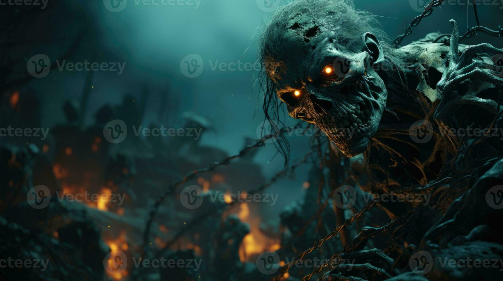 Horror scene with scary zombie and burning fire. Halloween concept Generative AI photo