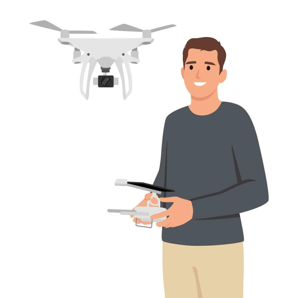 Young man with drone quadrocopter, Remote aerial drone with a camera taking photography or video recording game, isometrics businessman. vector