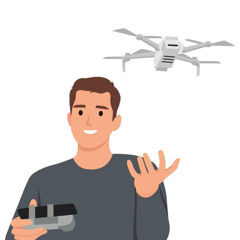 Young man with drone quadrocopter, Remote aerial drone with a camera taking photography or video recording game, isometrics businessman. vector