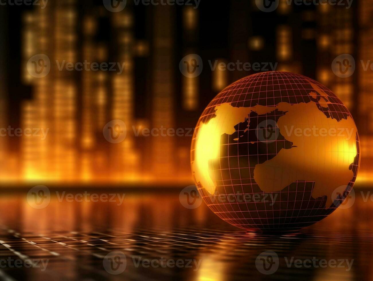 A gold globe, earth finance concept economy global business, skyscrapers in the style of bokeh in the background. Generative AI photo