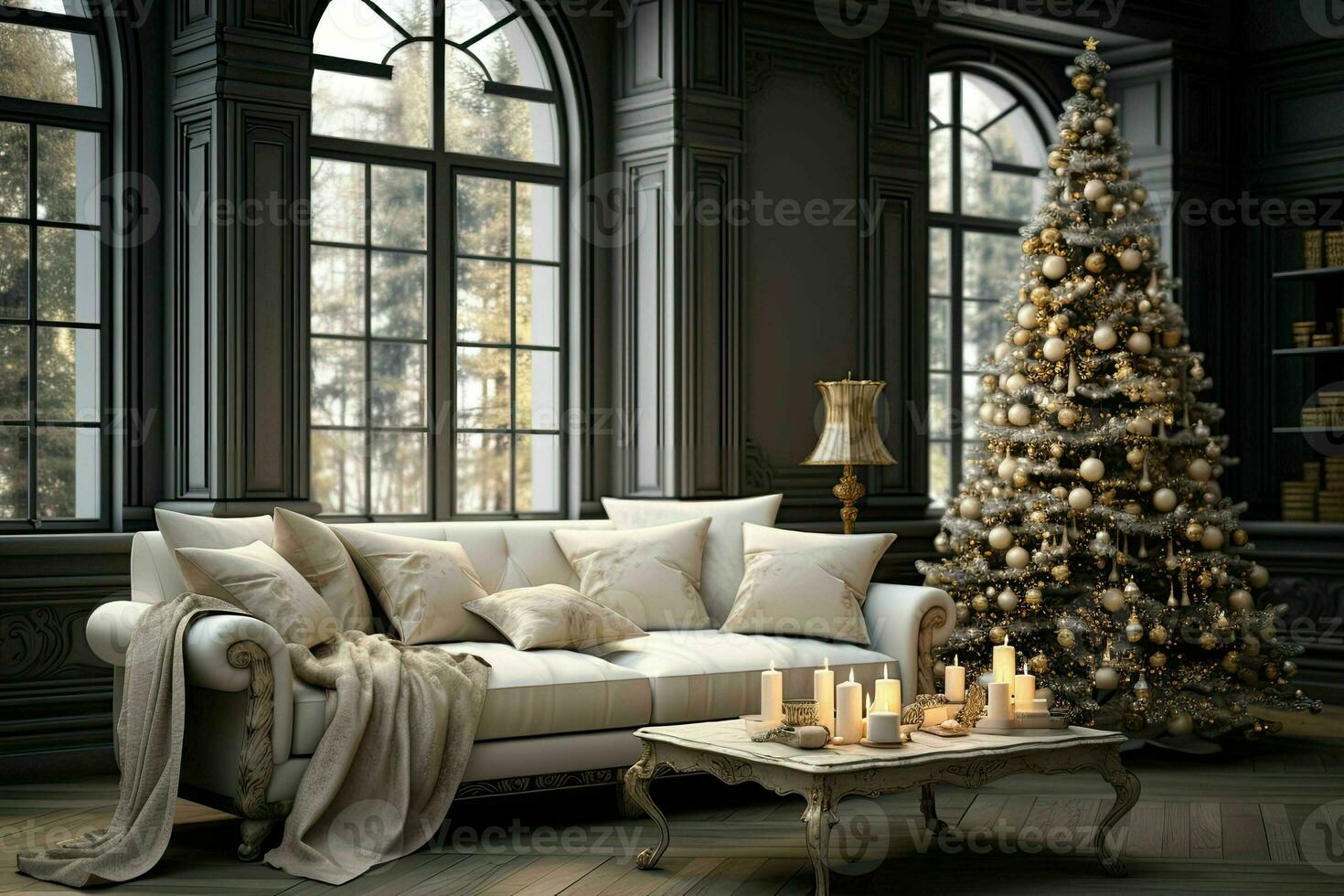 Stylish interior of living room with decorated Christmas tree, Luxury living room New Year photo