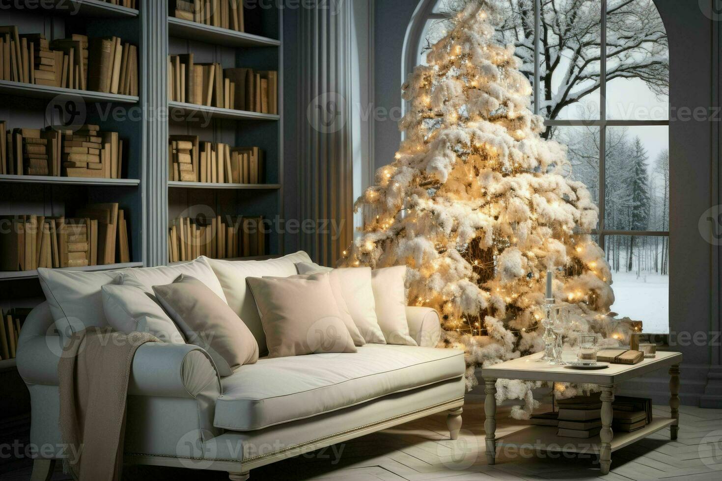 Stylish interior of living room with decorated Christmas tree, Luxury living room New Year photo