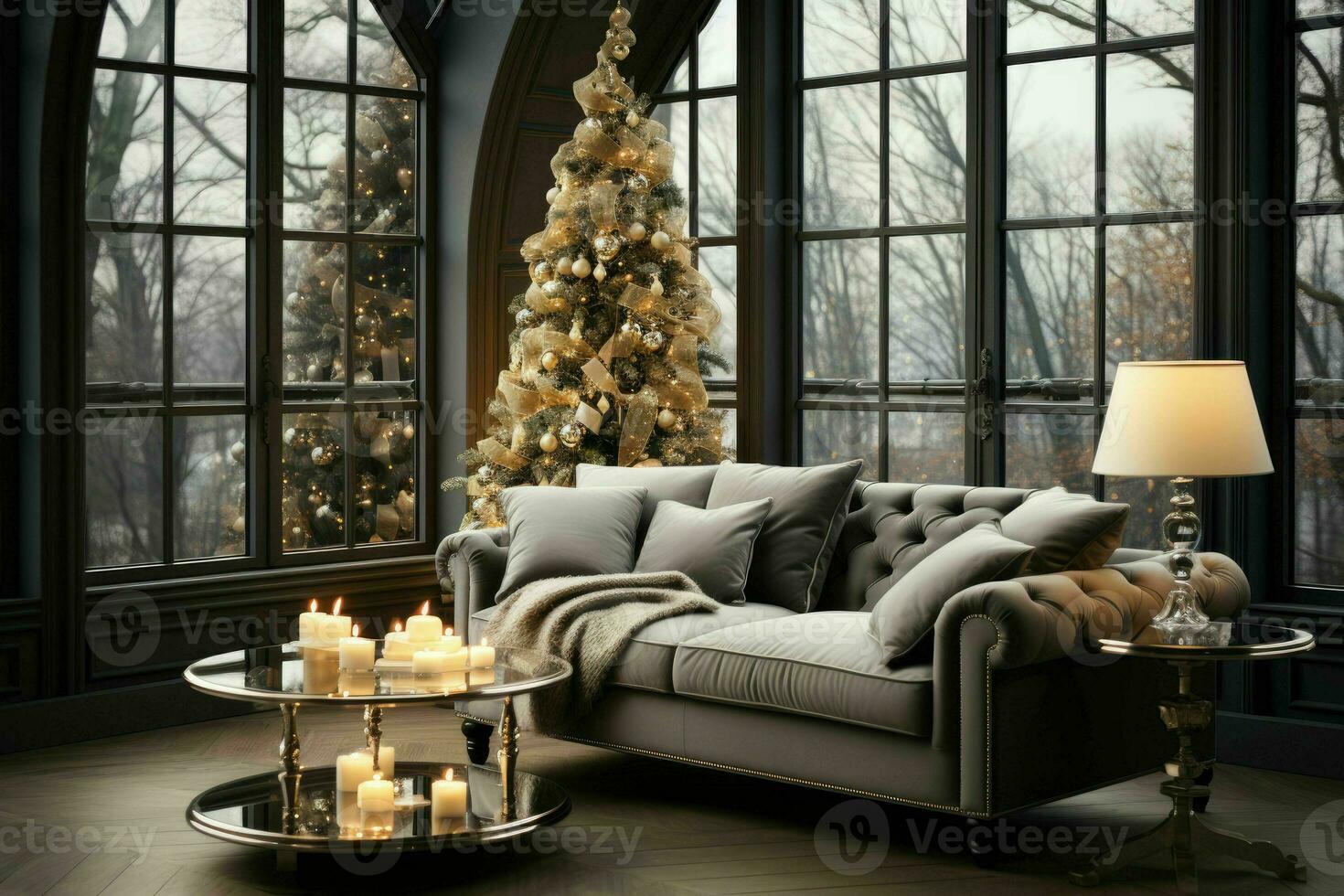 Stylish interior of living room with decorated Christmas tree, Luxury living room New Year photo