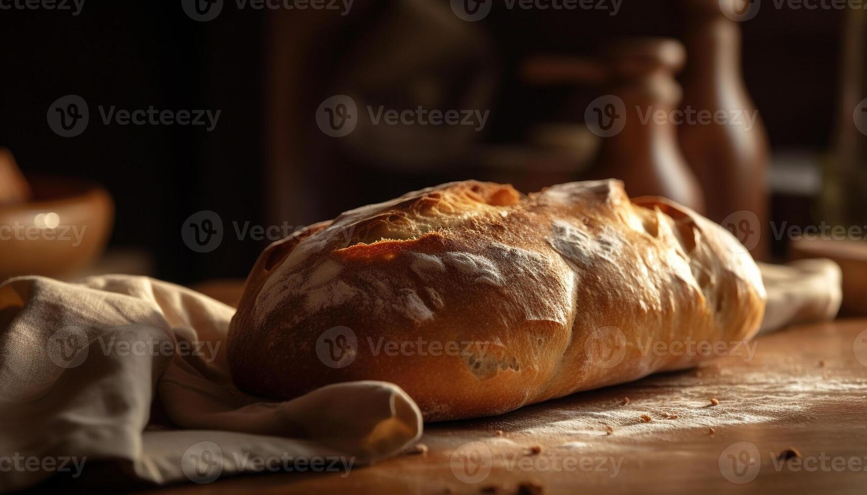 Freshly baked rustic bread on wooden table generated by AI photo