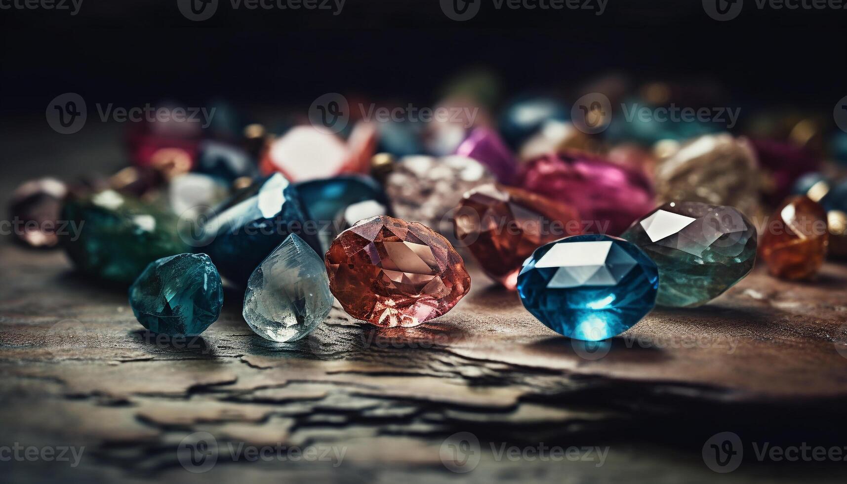 Shiny gemstones illuminated by vibrant multi colored reflections generated by AI photo