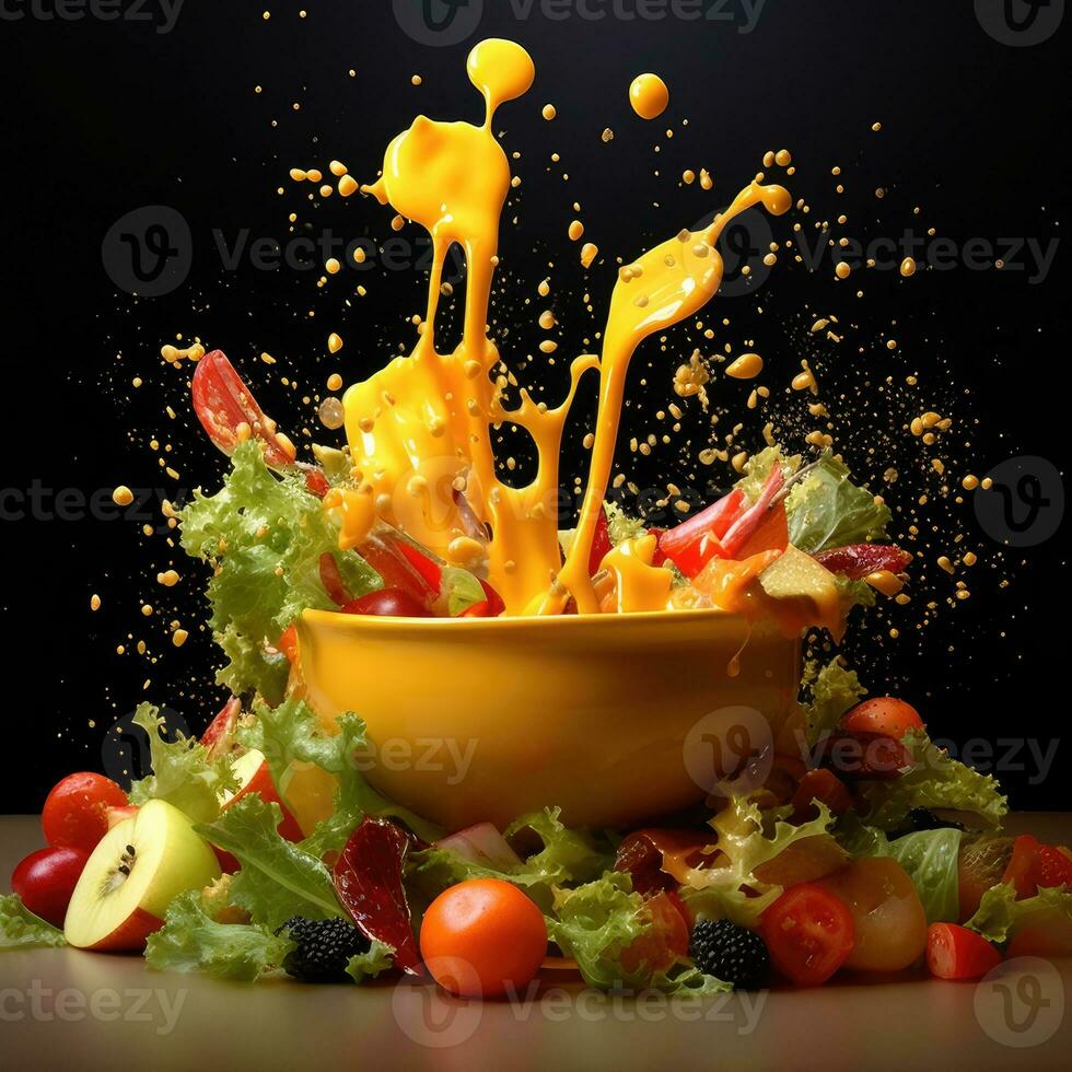 Fresh vegetable and fruit salad in the bowl. Generative AI photo