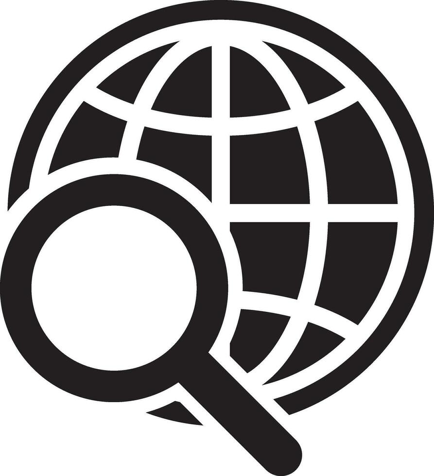 Magnifier and globe icon, search for a place on a map or on the globe icon. The icon of the magnifying glass and planet Earth. vector