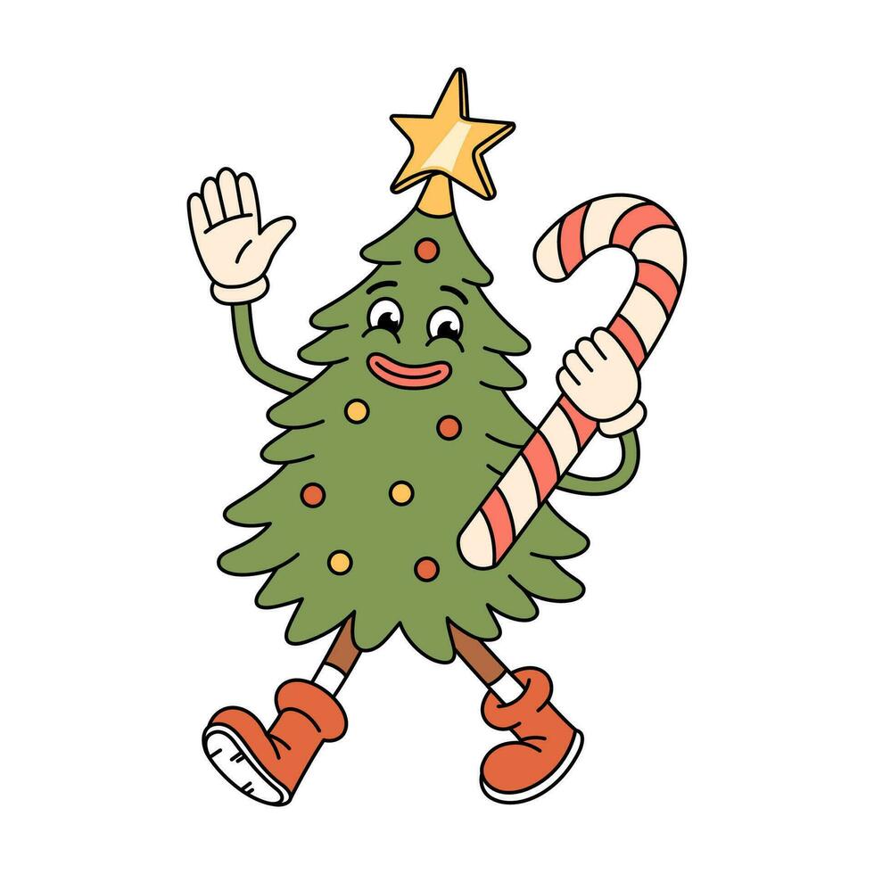 Groovy Christmas tree character with candy cane. Retro groovy cartoon character in doodle style. Vector illustration isolated on white.