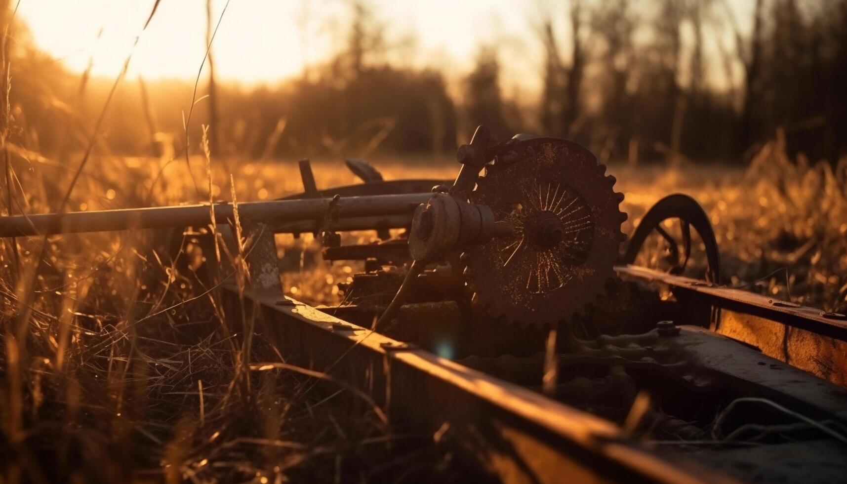 Rusty machinery in tranquil rural landscape at sunset generated by AI photo