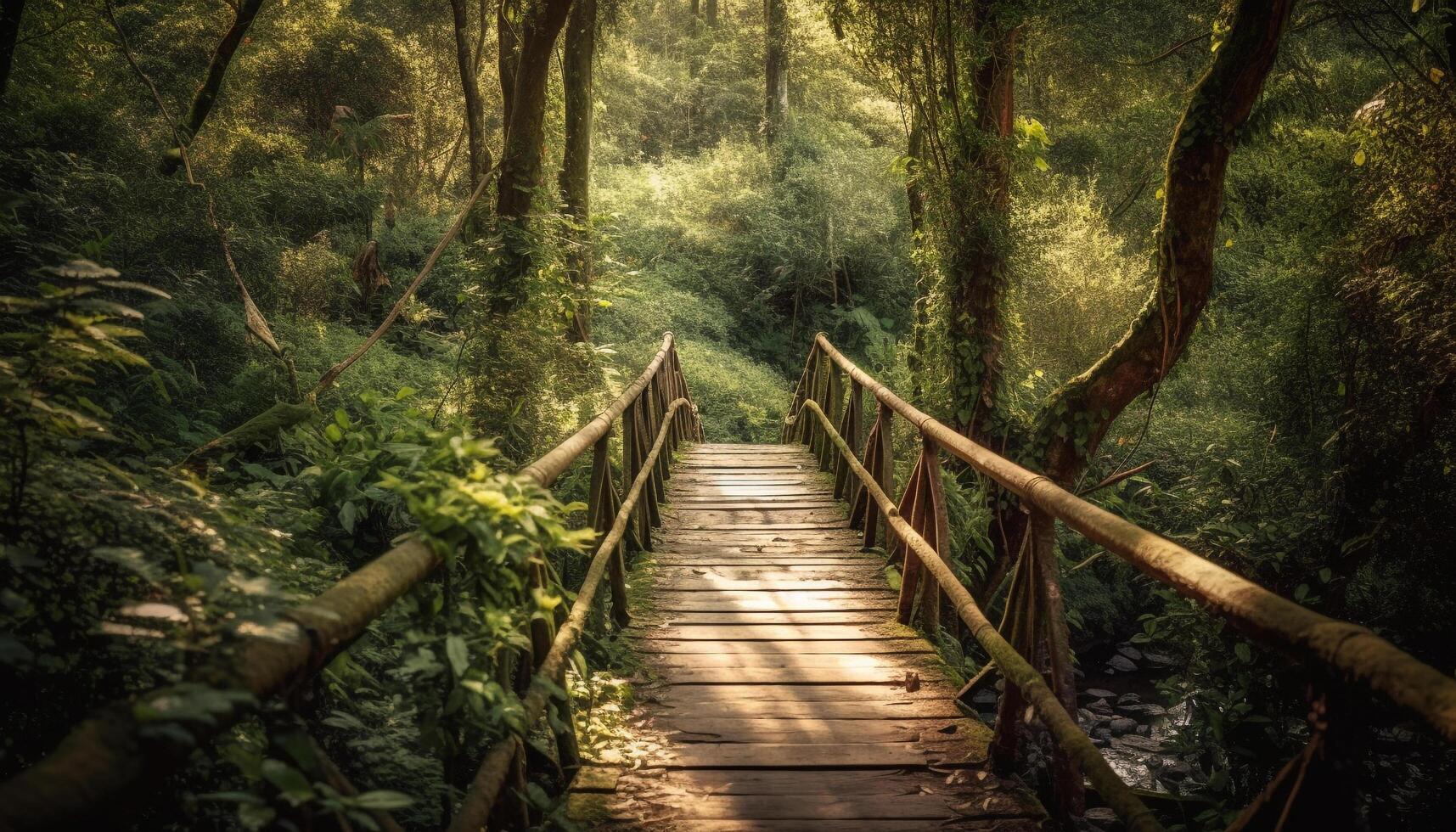 Walking on boardwalk, surrounded by tranquil nature generated by AI photo