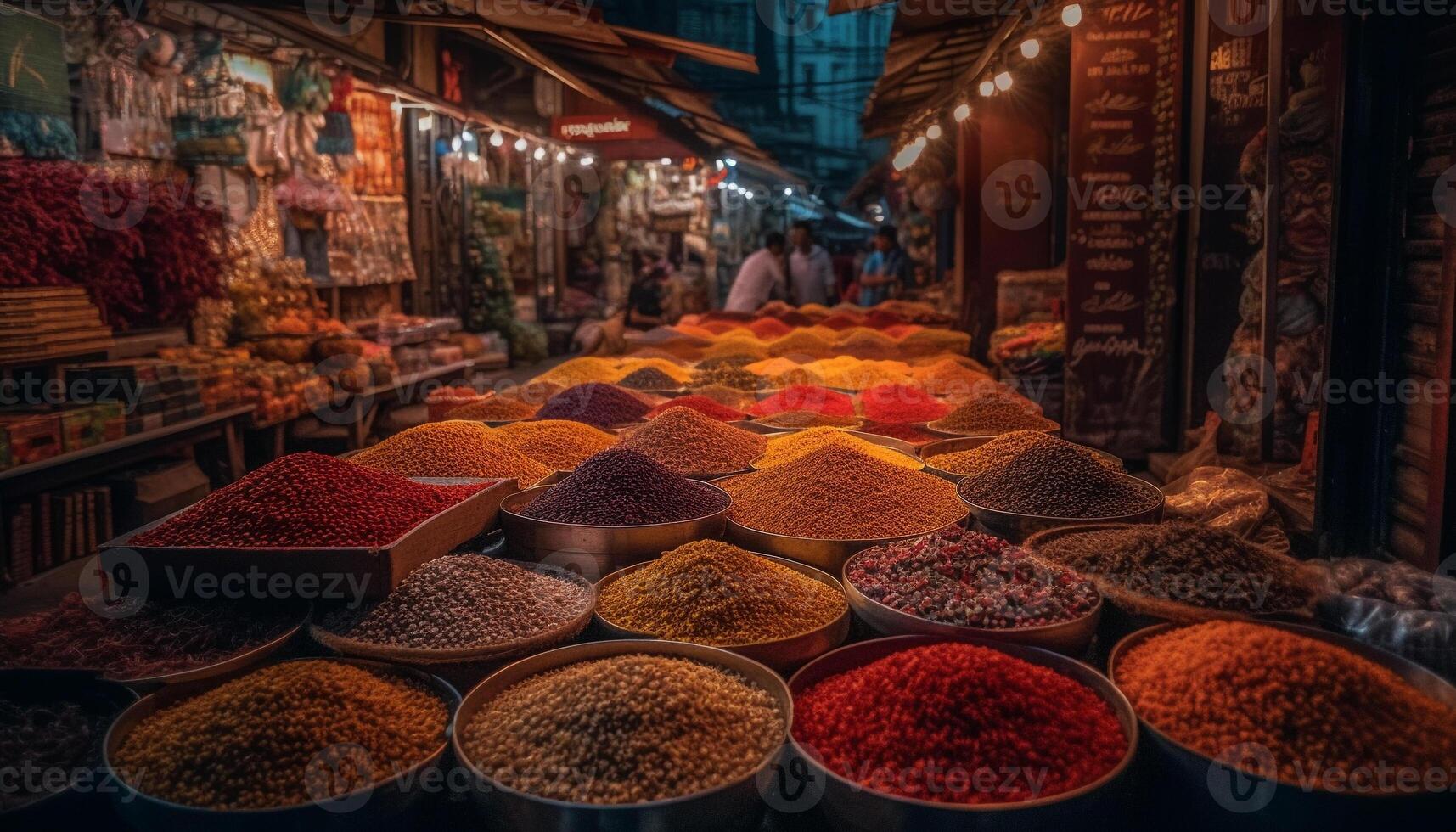 Colorful spice stalls in medina district sell exotic seasonings and ingredients generated by AI photo