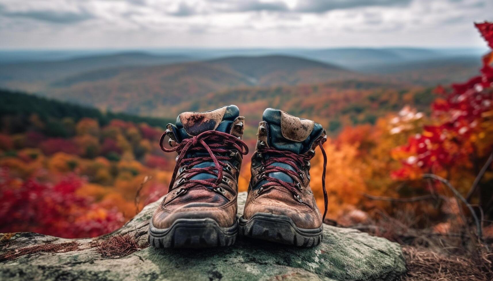 Hiking boot on yellow leaf, autumn adventure generated by AI photo