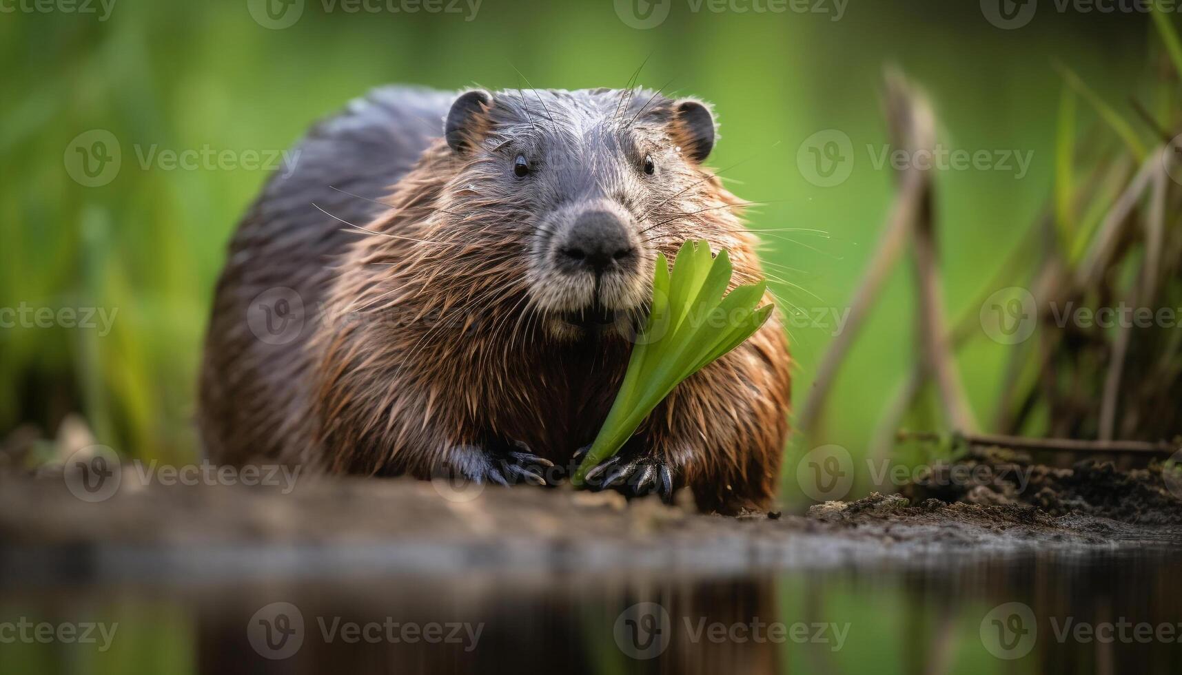 Wet beaver eating nutria on pond reflection generated by AI photo