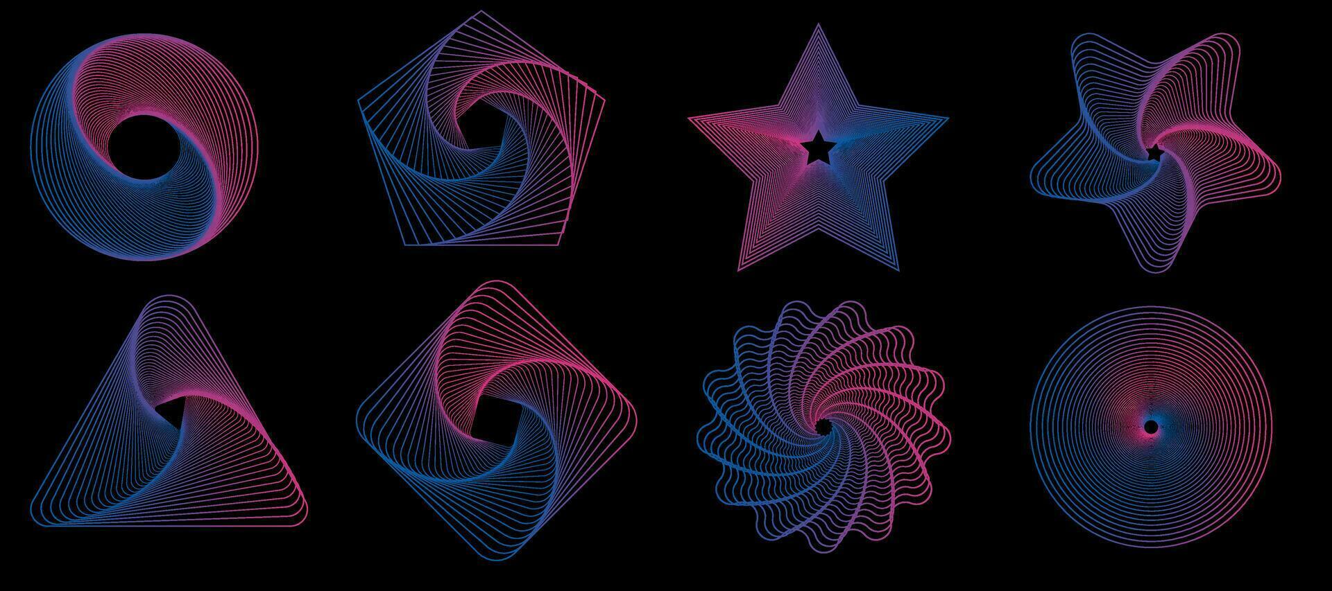 Abstract aesthetic y2k geometric elements and 3D wireframe shapes collection. Gradient retro line design elements. Vector illustration for social networks or posters.