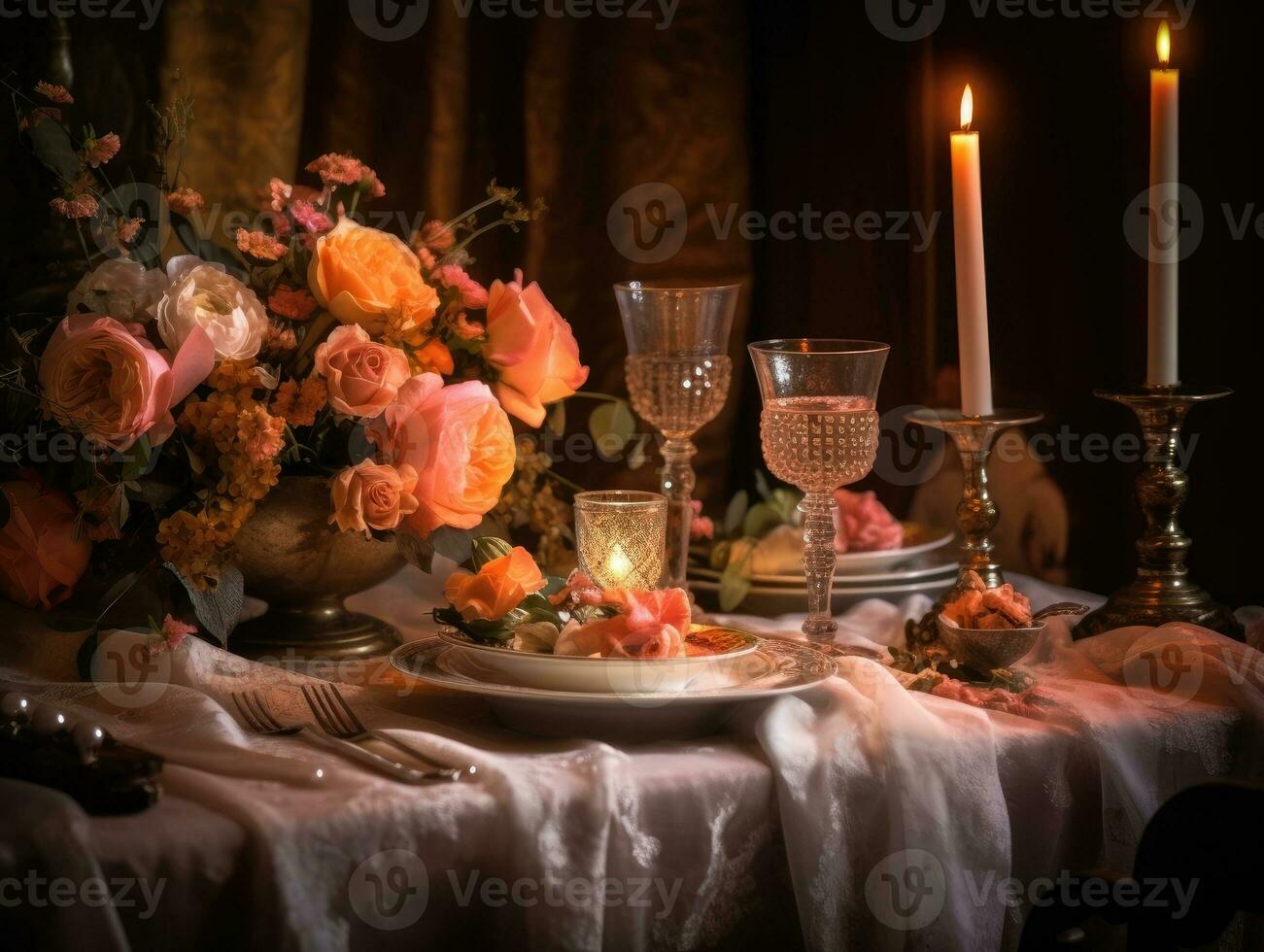 rosado floral mesa ajuste para un romántico cena mesa con mesa paño, velas y cubiertos. generativo ai foto