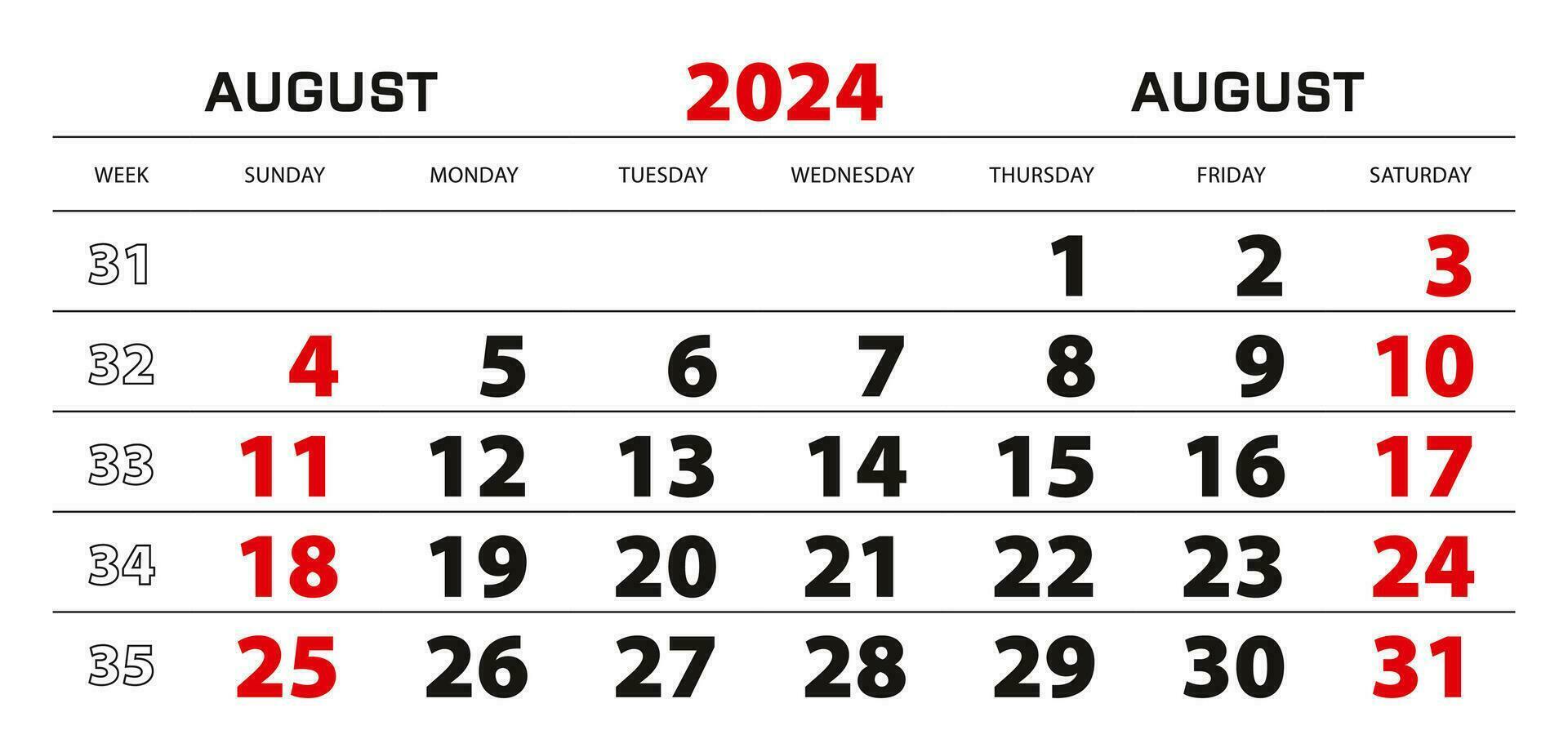 Wall calendar 2024 for august, week start from sunday. vector