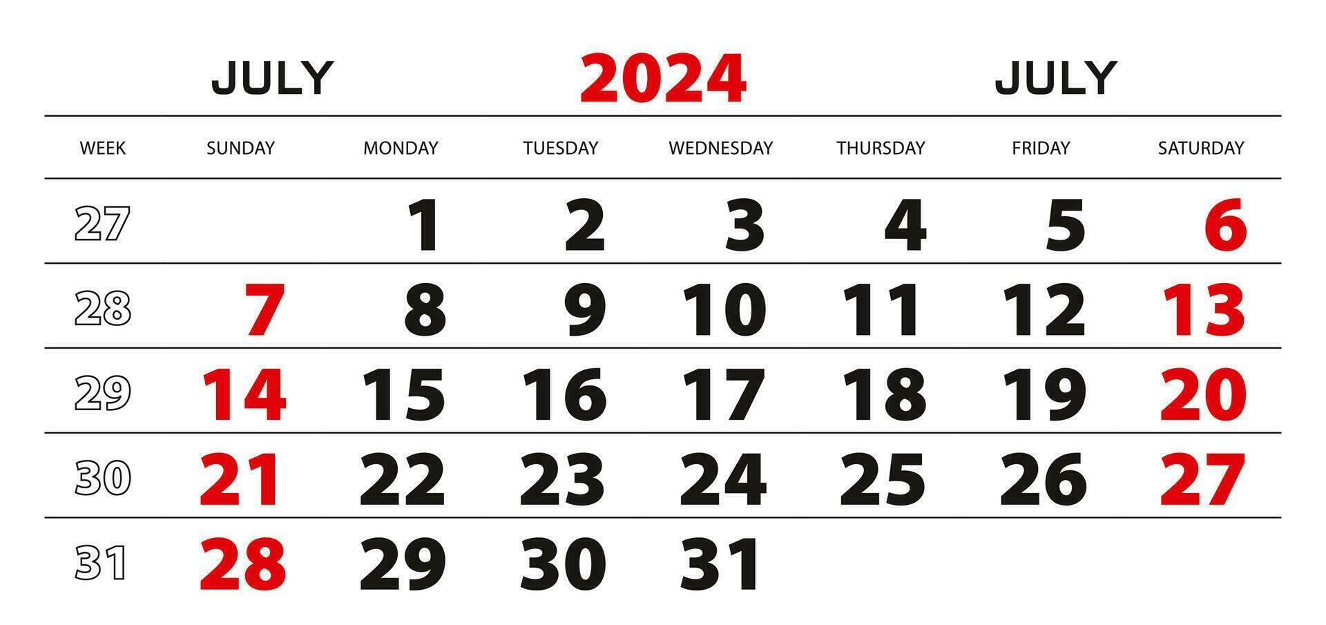 Wall calendar 2024 for july, week start from sunday. vector
