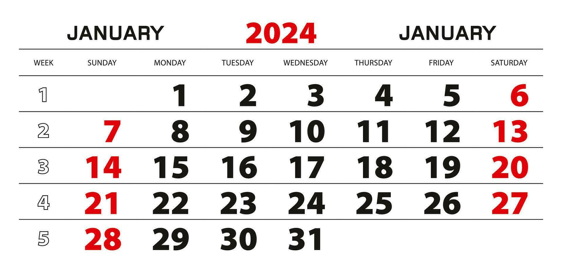 Wall calendar 2024 for january, week start from sunday. vector