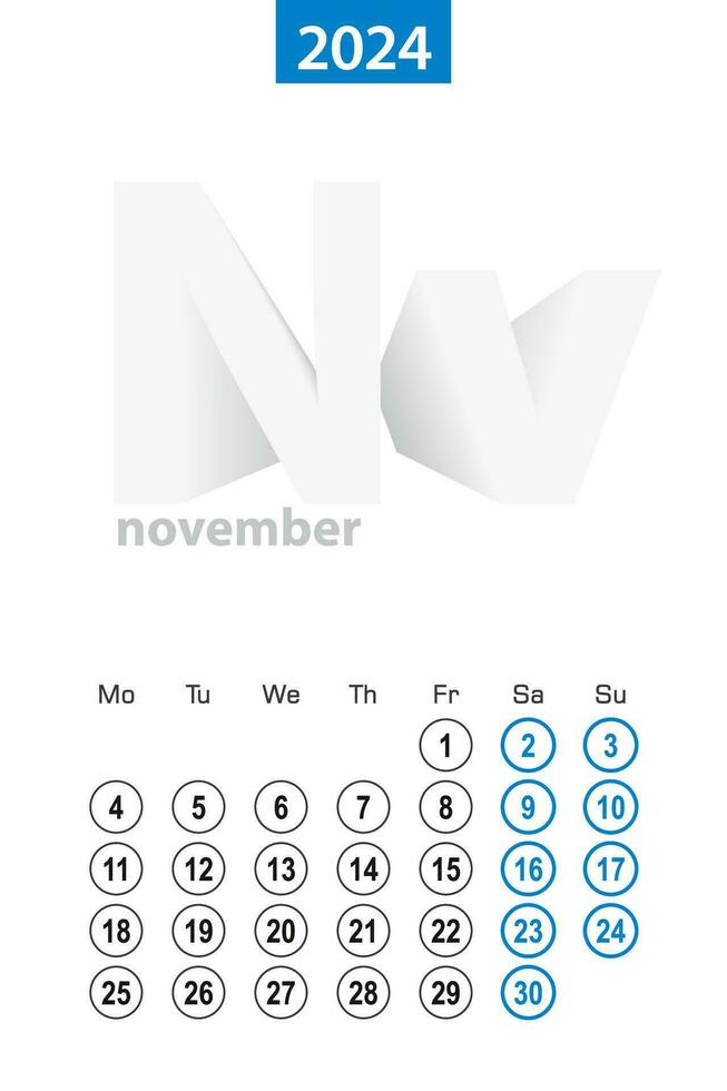 Calendar for November 2024, blue circle design. English language, week starts on Monday. vector