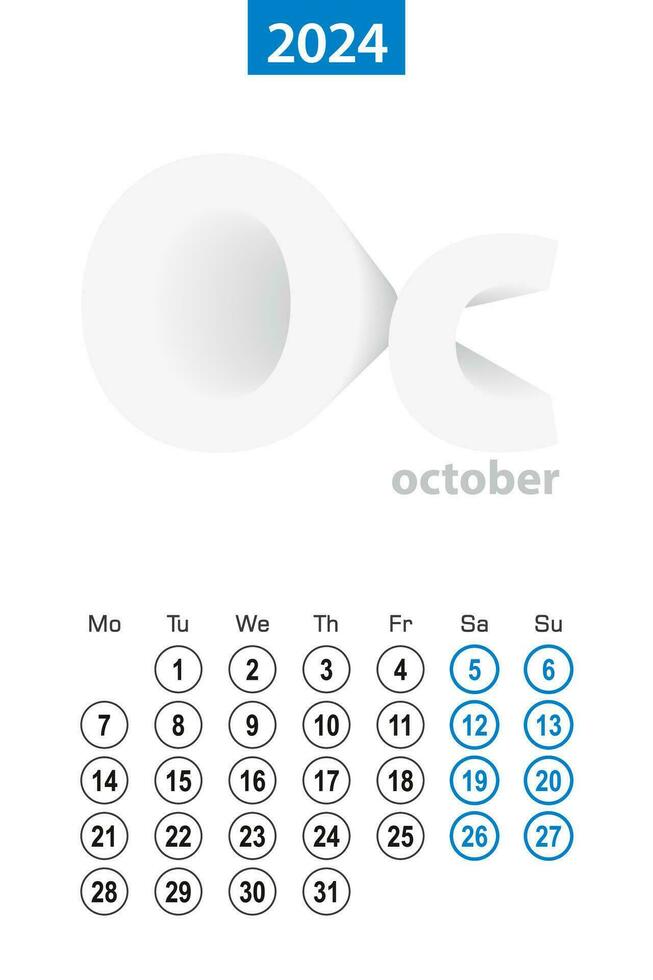 Calendar for October 2024, blue circle design. English language, week starts on Monday. vector