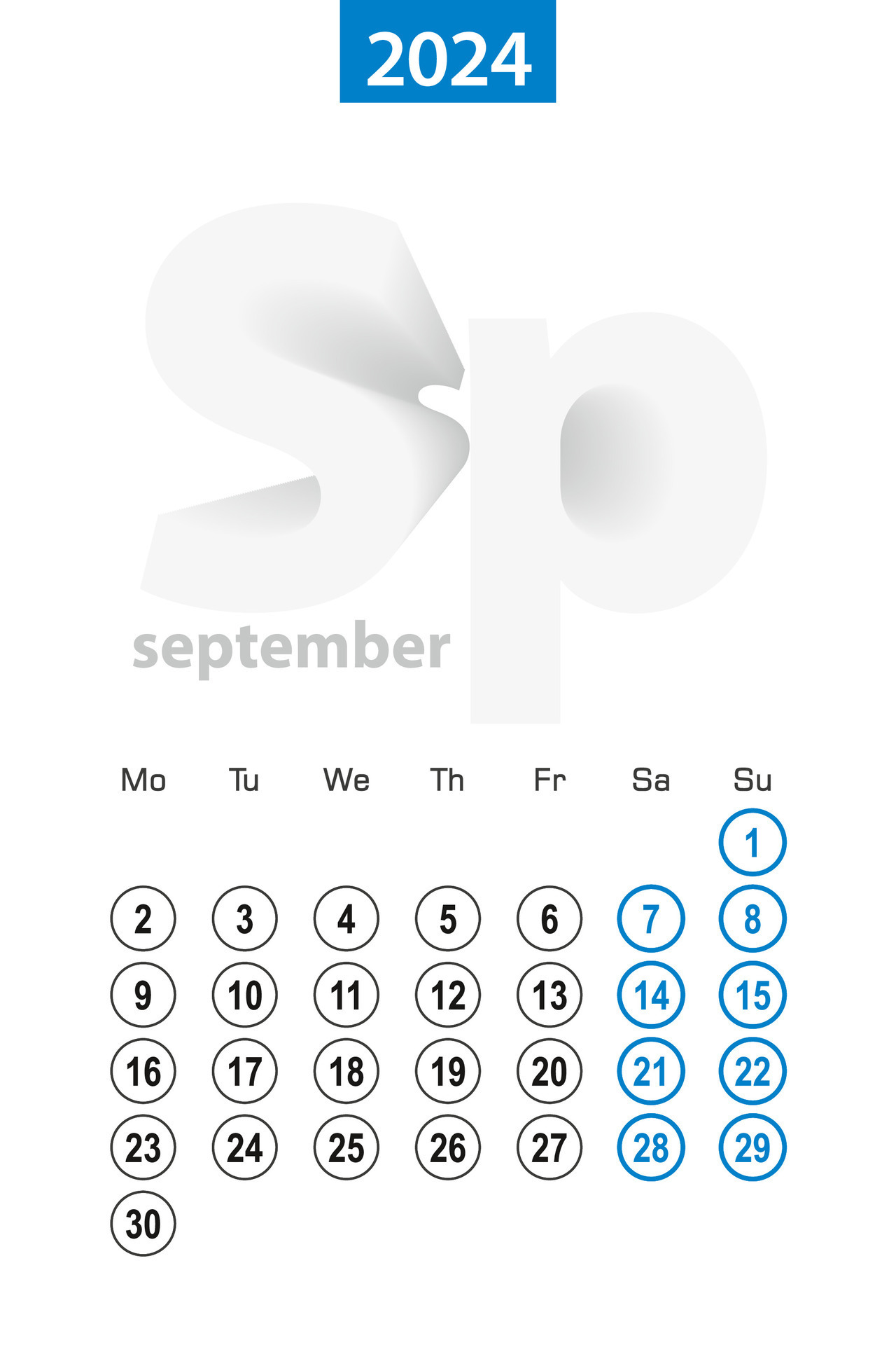 Calendar for September 2024, blue circle design. English language, week