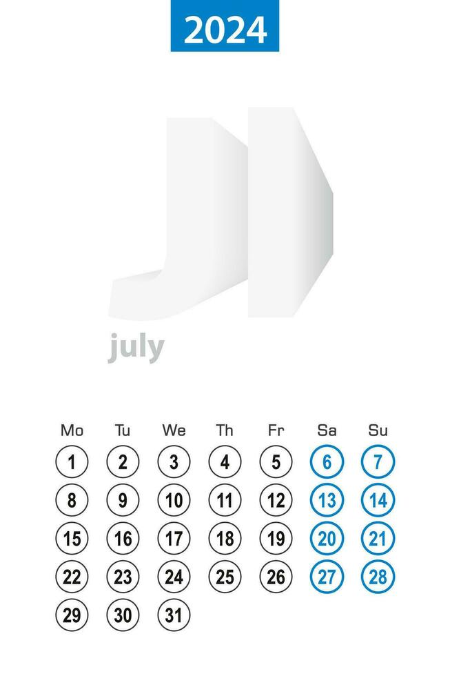 Calendar for July 2024, blue circle design. English language, week starts on Monday. vector
